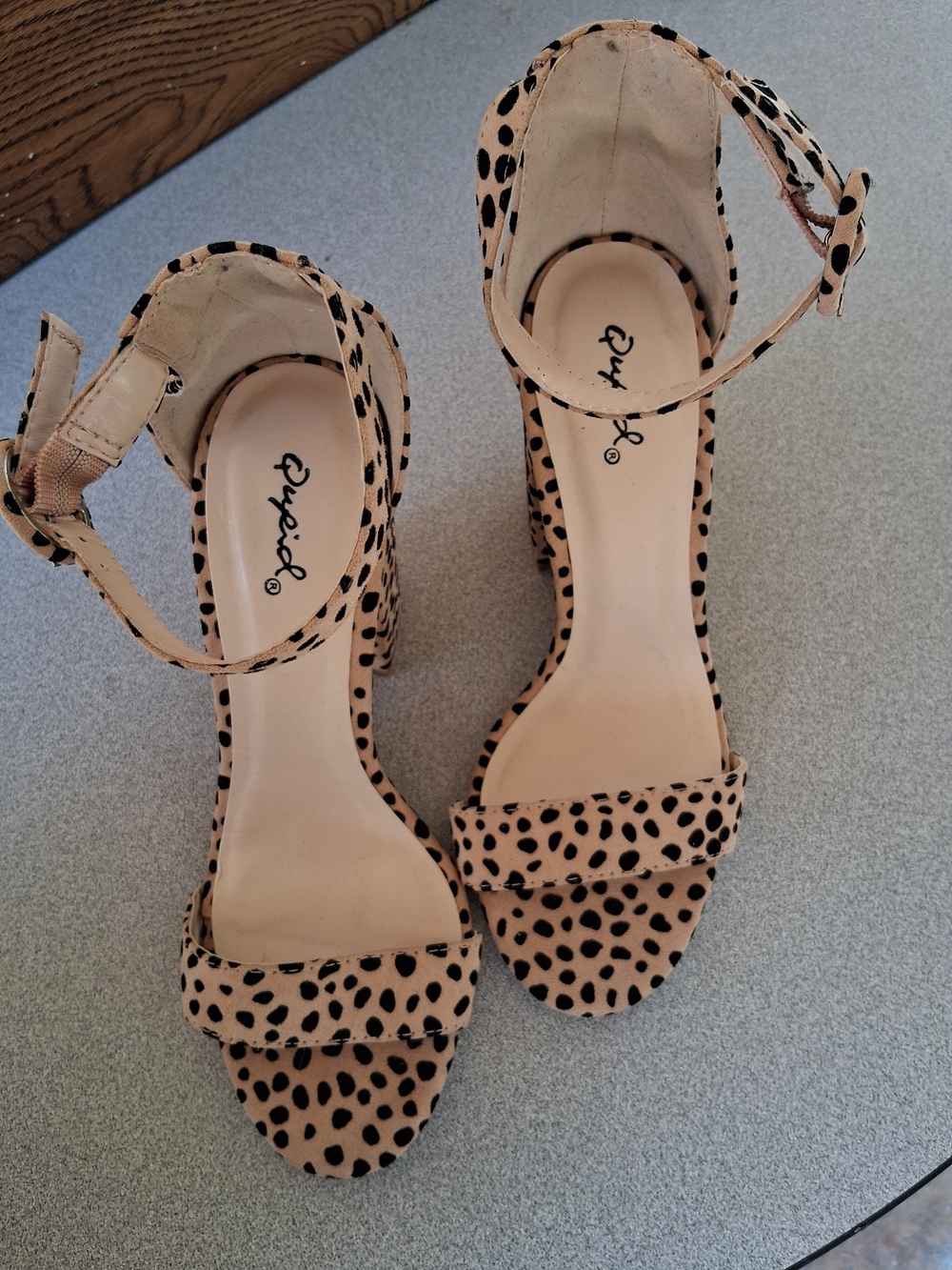 Qupid Leopard Print Ankle Strap Block Heels in Tan and Black